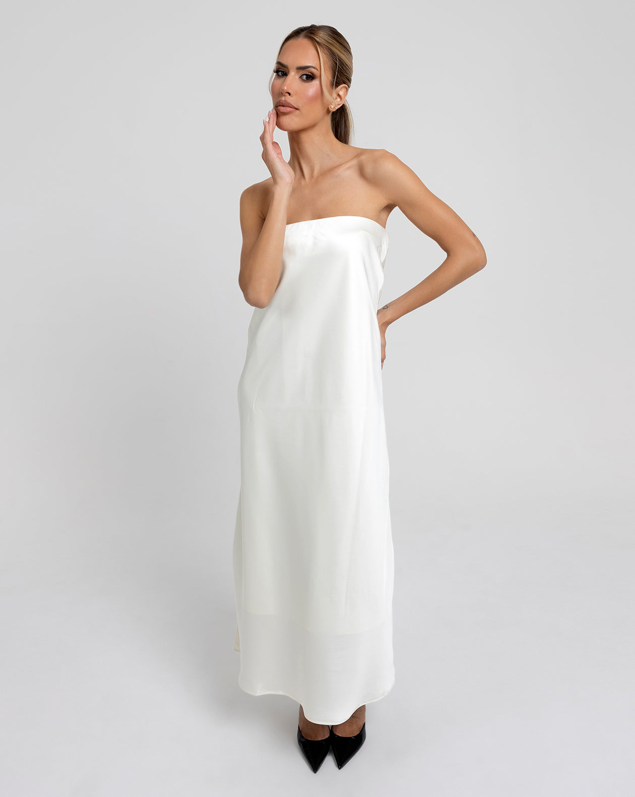 I'M SPEAKING! Strapless Satin Maxi Dress